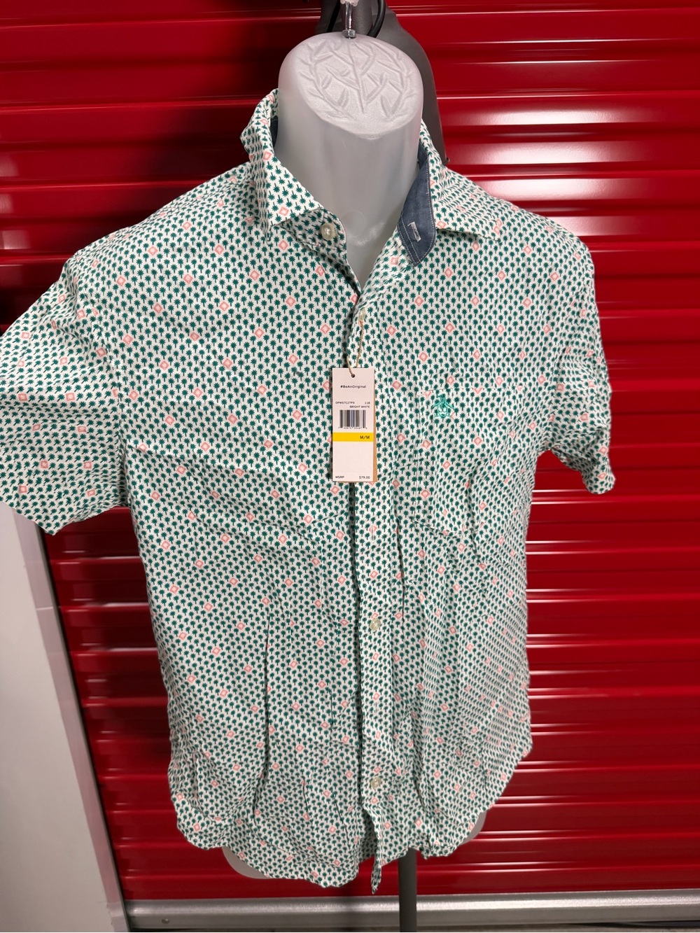 Original Penguin Green and Pink Patterned Short-Sleeve Button-Down Shirt